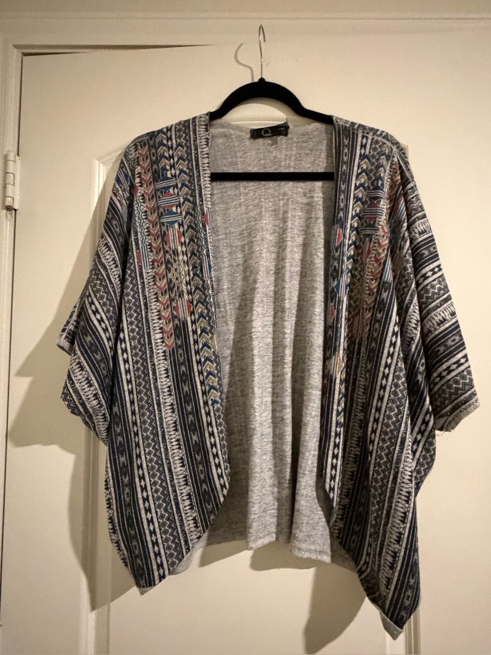 Boho Open-Front Kimono Cardigan - Blue, Gray, Pink Accents
